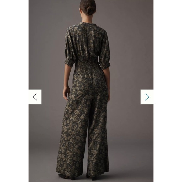 Anthropologie Size-M Women's Jumpsuit Linen Blend Floral Puff Sleeve - Picture 2 of 16
